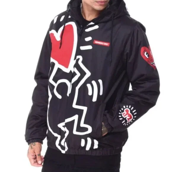 Members Only x Keith Haring Hooded Jacket Black Graphic Poly Filled Streetwear M - Picture 3 of 17